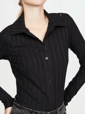 Reformation Laurie Black Long-Sleeve Ribbed Button-Up Top